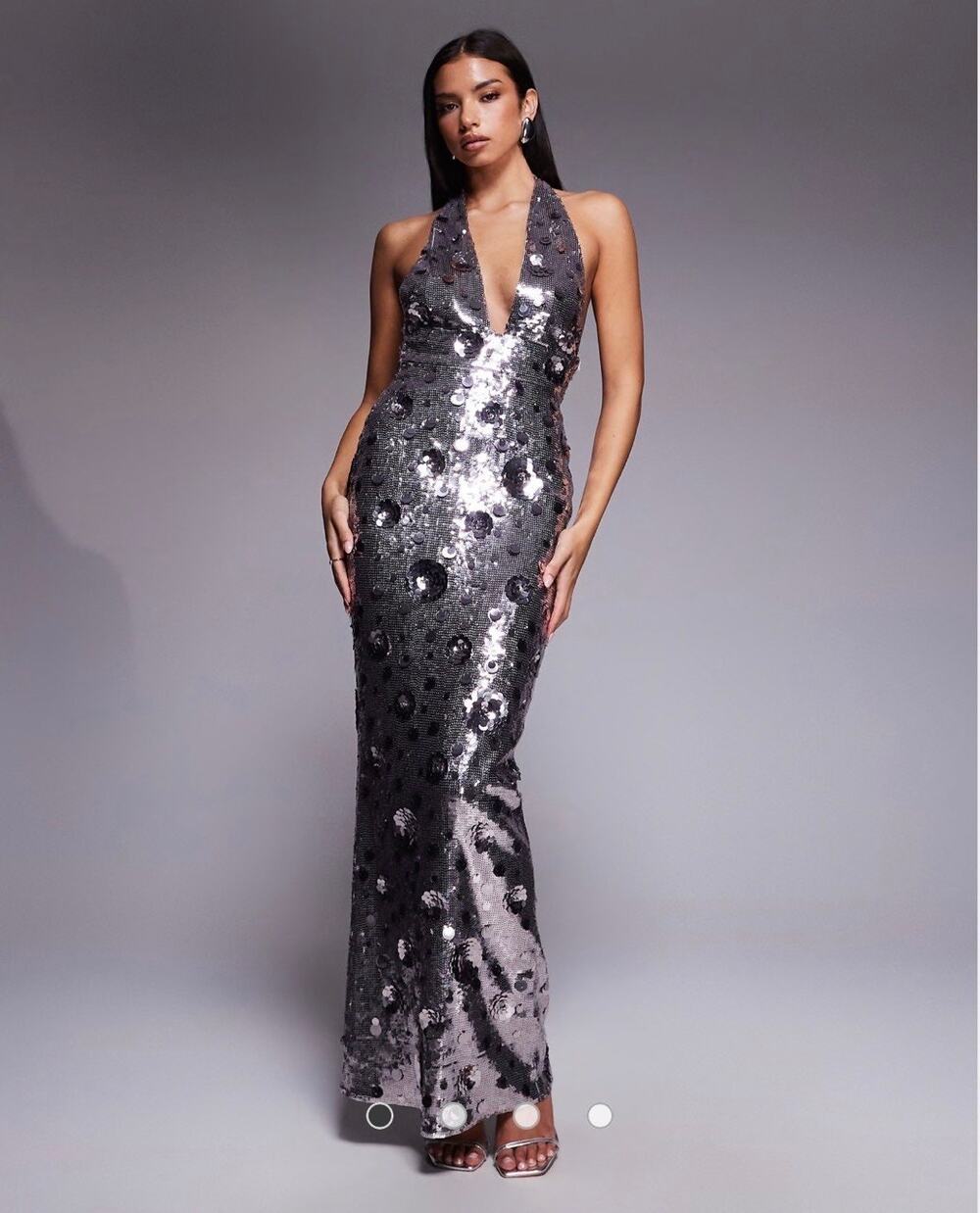 Oh Polly Flower Sequin Maxi Dress Silver UK 16 US 12 EU 44
